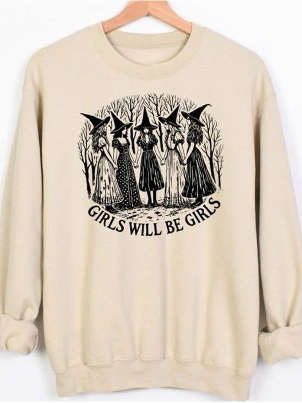 Beige Crewneck Sweatshirt with Black Witch Circle Graphic